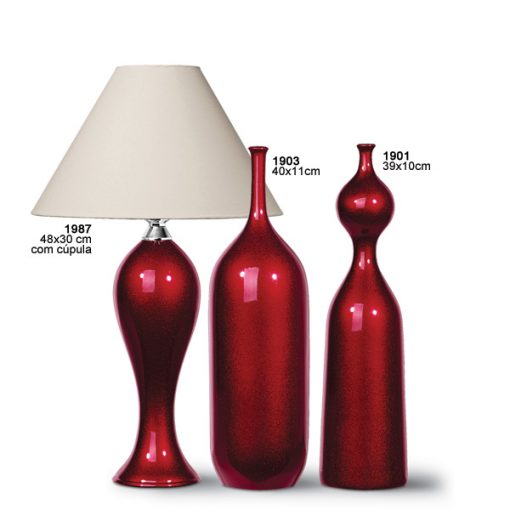 Koyu Kırmızı Parlak Seramik Abajur ve Vazo Modern Salon Aksesuarları Seti