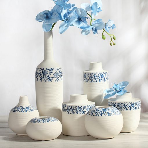 Mavi Beyaz Seramik Vazo Seti Konsol Üstü Süsleri