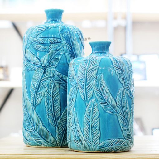 Mavi Yaprak Motifli Seramik Vazolardan Konsol Önü Süs Eşyası