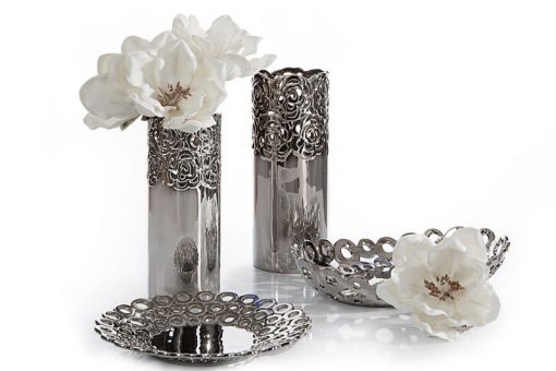 Sehpa Dekorasyonu İçin Gümüş Renk Varaklı Vazo ve Süs Kaseler