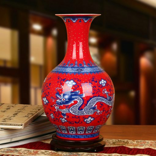 Şahmaran Motifli Porselen Vazo Kırmızı Masa Üzerine Ev Aksesuarı